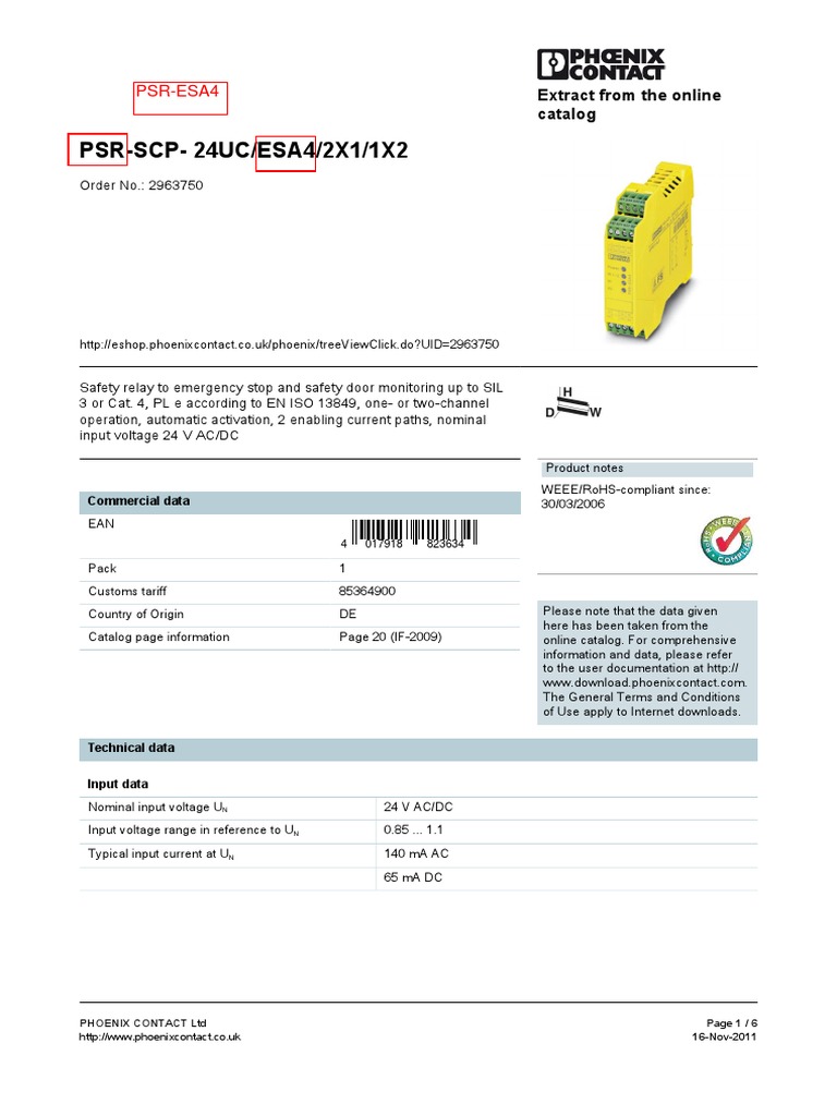 Safety Relay PSR-SCP-24UC/ESA4/2X1 | PDF | Relay | Insulator (Electricity)
