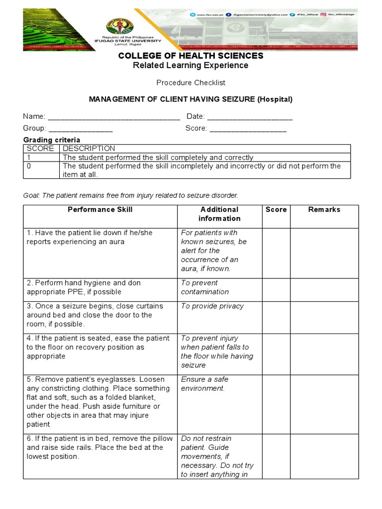 Seizure Checklist PDF Patient Nursing