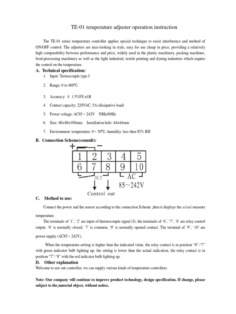 Operation Instructions for the TE-01 Temperature Adjuster Series ...