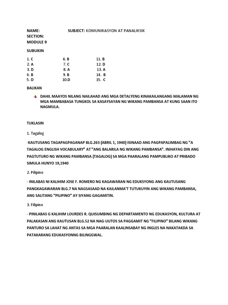 Grade 11 KOMUNIKASYON Module 9 Answer | PDF