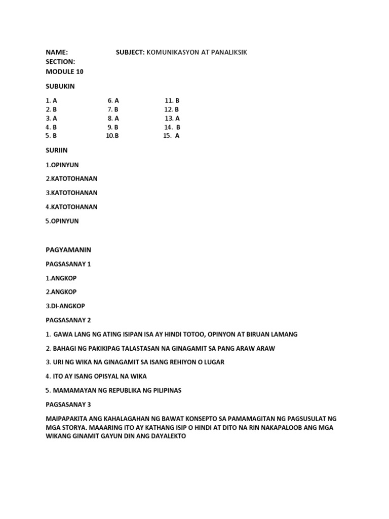 Grade 11 Komunikasyon Module 10 Pdf