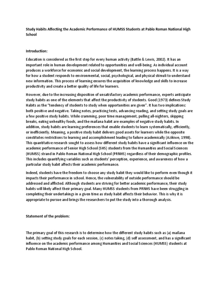 Study Habits Affecting The Academic Performance of HUMSS Students at ...
