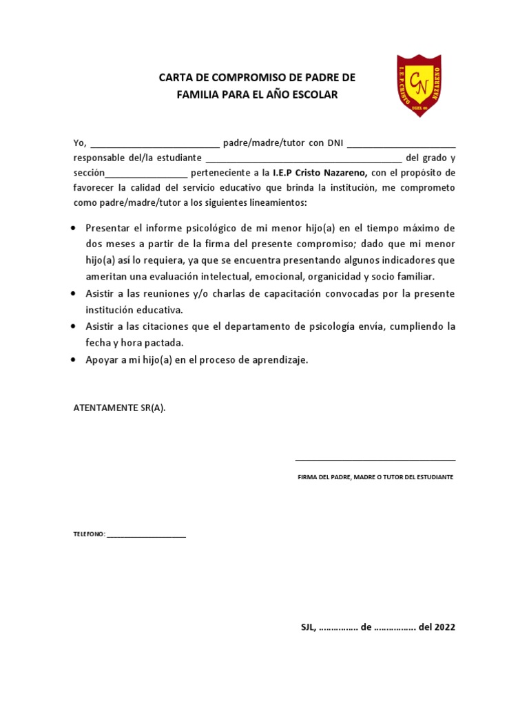Carta de Compromiso de Padre de Familia para El Año Escolar | PDF