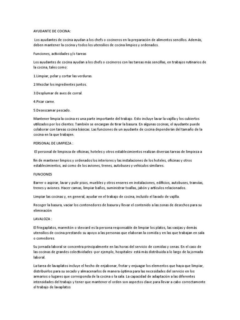 Funciones del Ayudante de Cocina | PDF | Cocina | Dinero