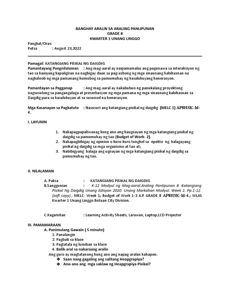 LESSON PLAN A.P.GRADE 8 WK1 Day 2 | PDF