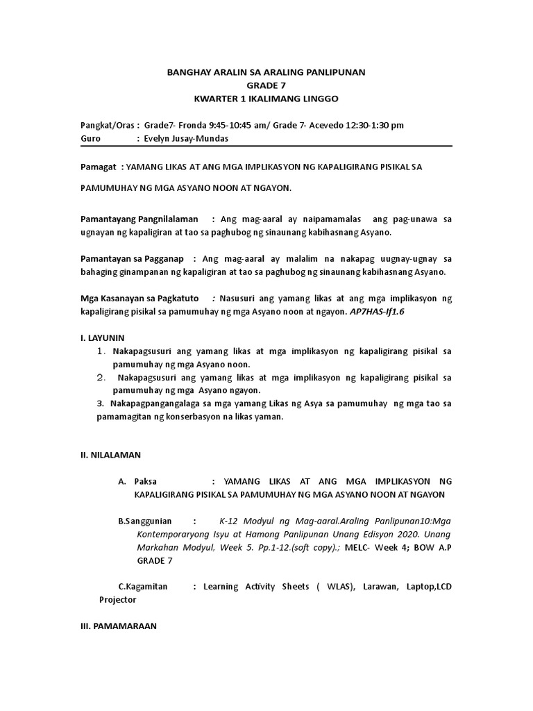 Lesson Plan Grade 7 Quarter 1 WK 5 | PDF