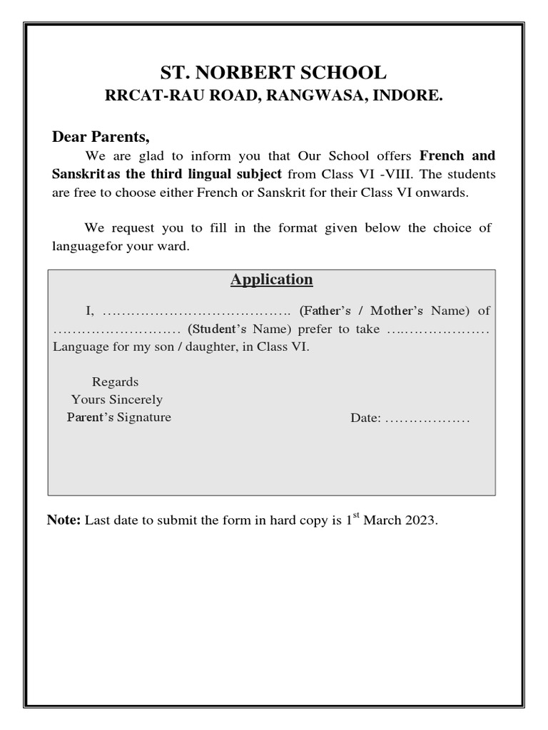 St. Norbert School RrcatRau Road, Rangwasa, Indore. Dear Parents PDF