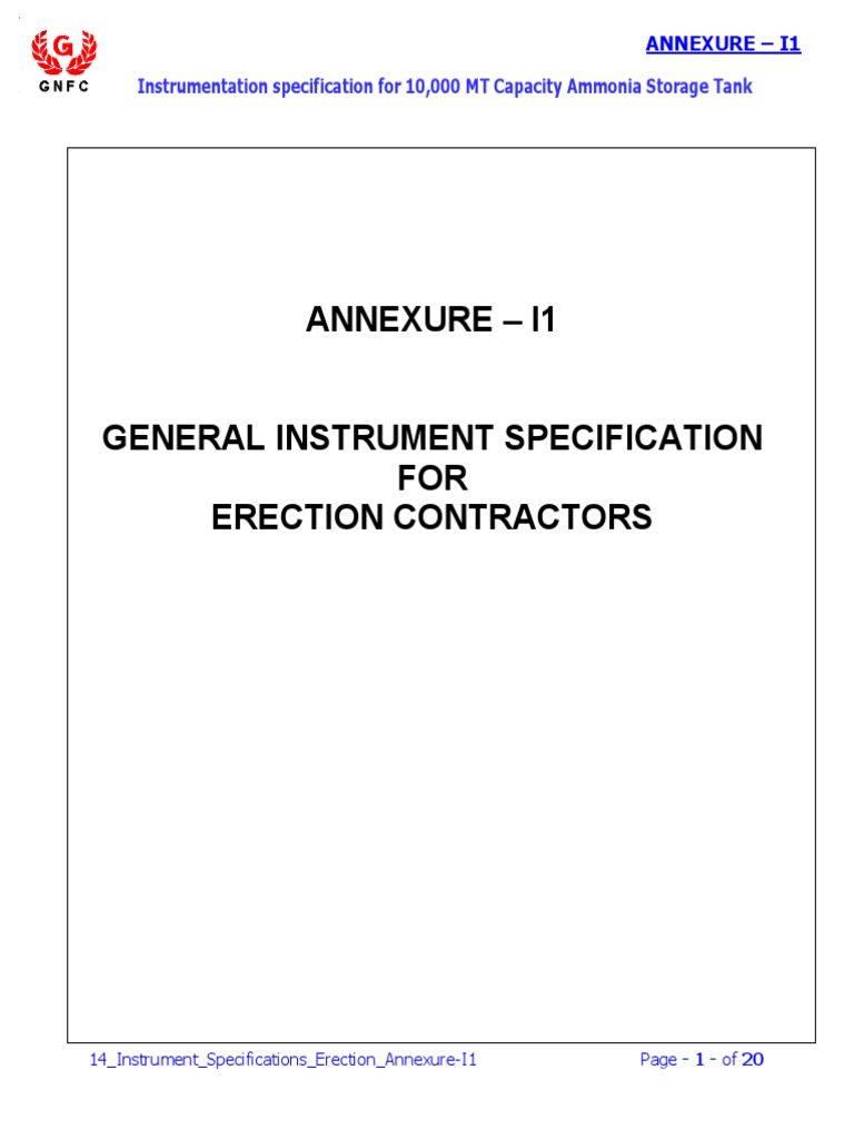 Instrumentation Specs for Ammonia Tank | PDF | Pipe (Fluid Conveyance ...