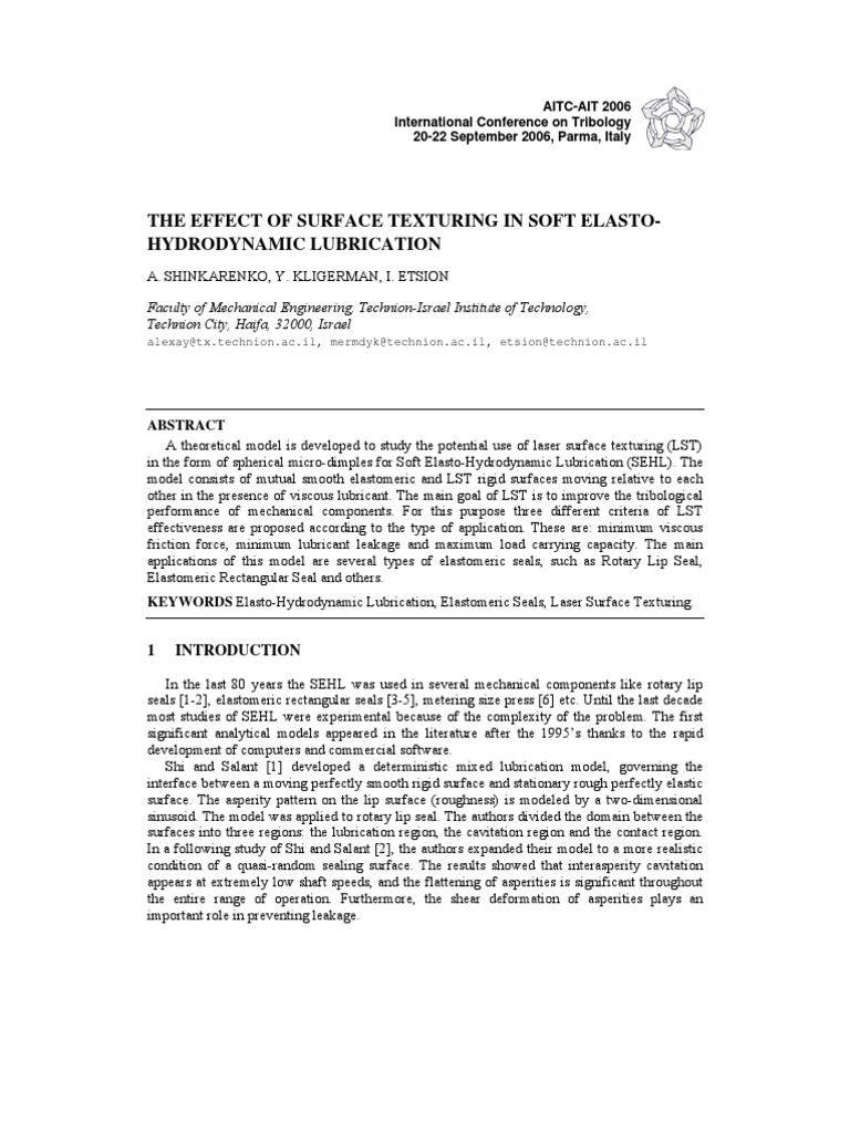 Surface Texturing in Elasto-Hydrodynamics | PDF | Friction | Fluid Dynamics