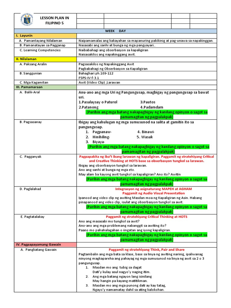 Lesson Plan in Filipino | PDF