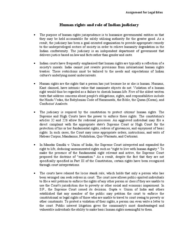 Role of Indian Judiciary in Human Rights | PDF | Justice | Crime & Violence