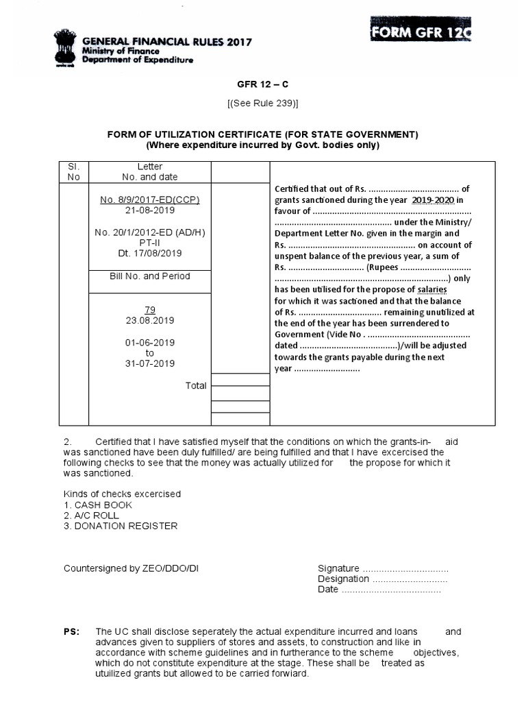 GFR 12-C Utilization Certificate Format | PDF | Economies | Government