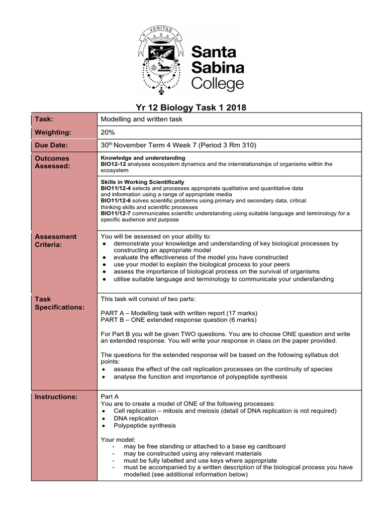 2018 YR 12 HSC Biology Assessment Task 1 Notification | PDF | Cognitive ...