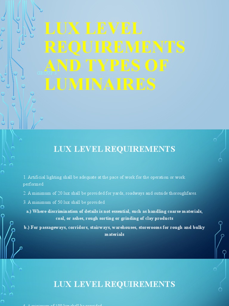 Lux Level Requirements and Types of Luminaires Group 3 PDF Lighting