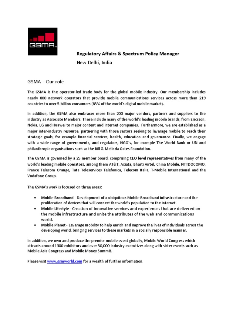 GSMA Spectrum Policy Manager Role India | PDF | Strategic Management ...