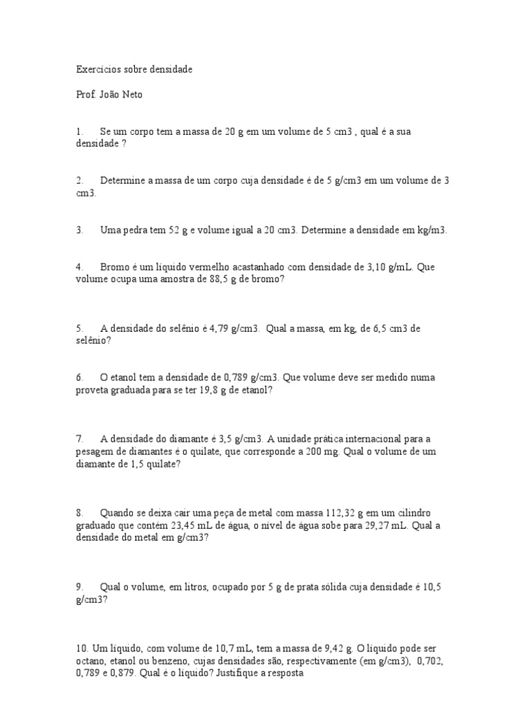Exercícios de Densidade para 9º Ano | PDF