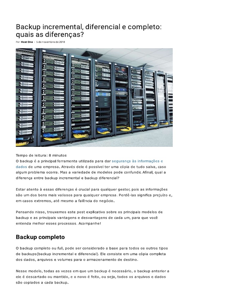 Backup Incremental - Diferencial e Completo Diferenças | PDF