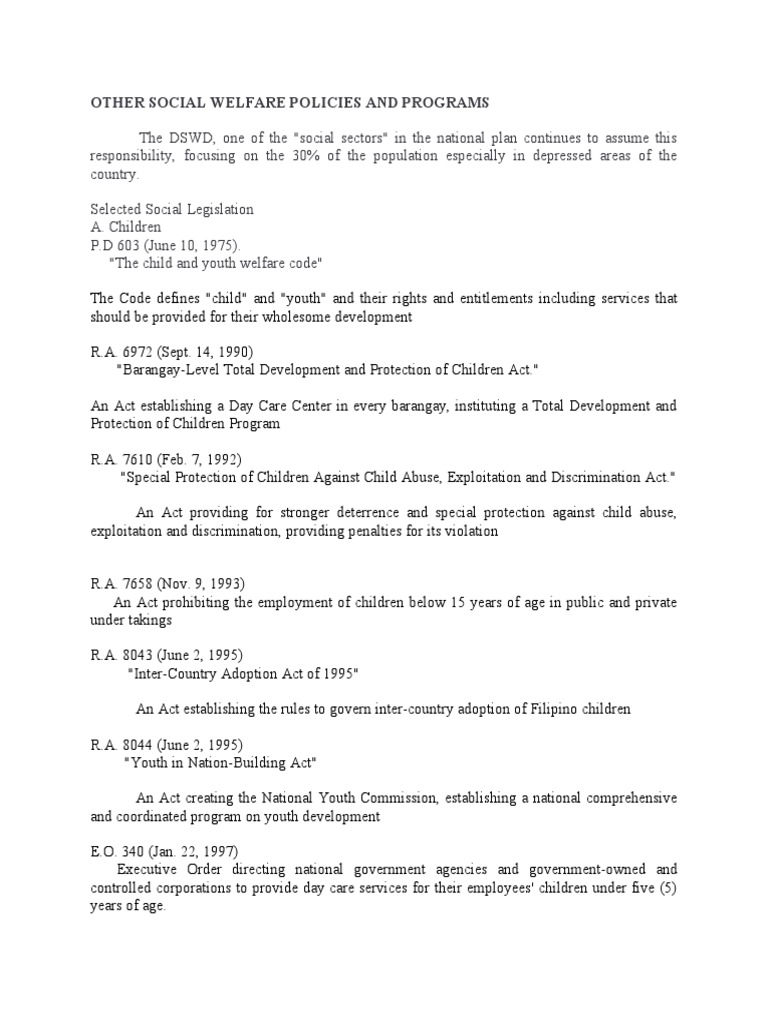 Other Social Welfare Policies and Programs | PDF | Welfare | Employment