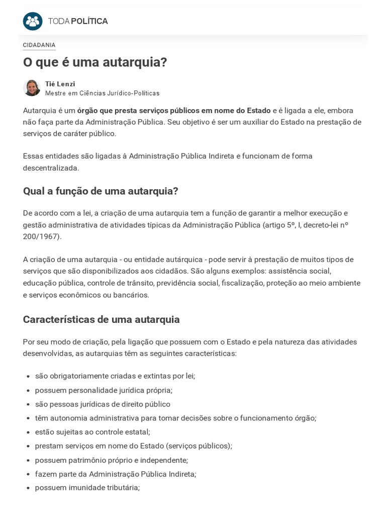 O que é uma autarquia e exemplos | PDF | Administração pública | Governo