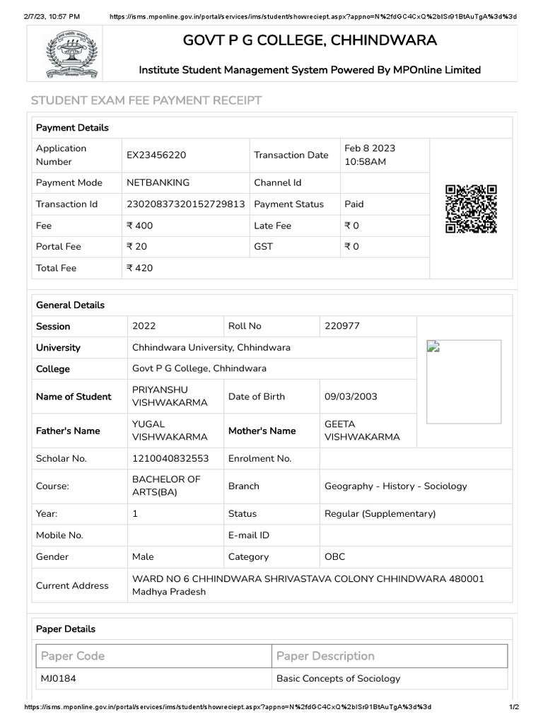 Govt p g college chhindwara student exam fee payment receipt