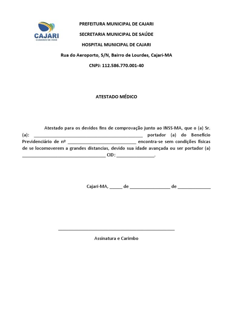 Atestado Médico para INSS em Cajari | PDF