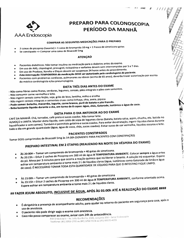 Preparo Colonoscopia Manhã | PDF
