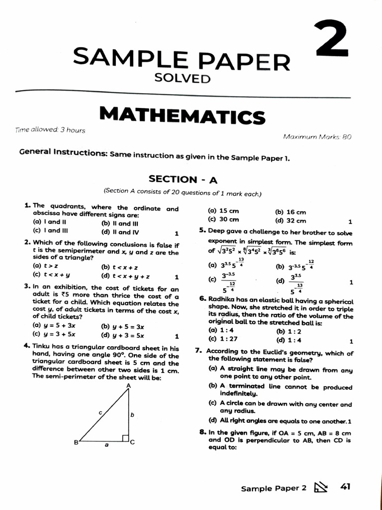 Class 9 Maths Sample Paper Solutions | PDF | Equations | Mathematics