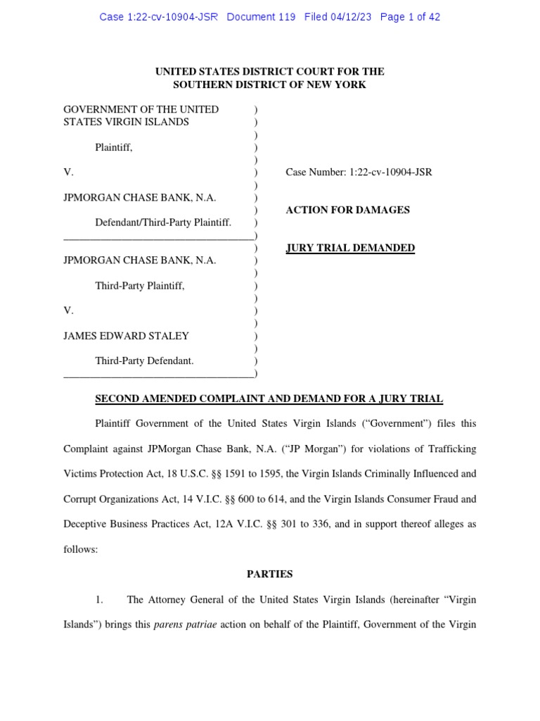 U.S. Virgin Island V JPMorgan Chase Bank N.A. Second Amended Complaint ...
