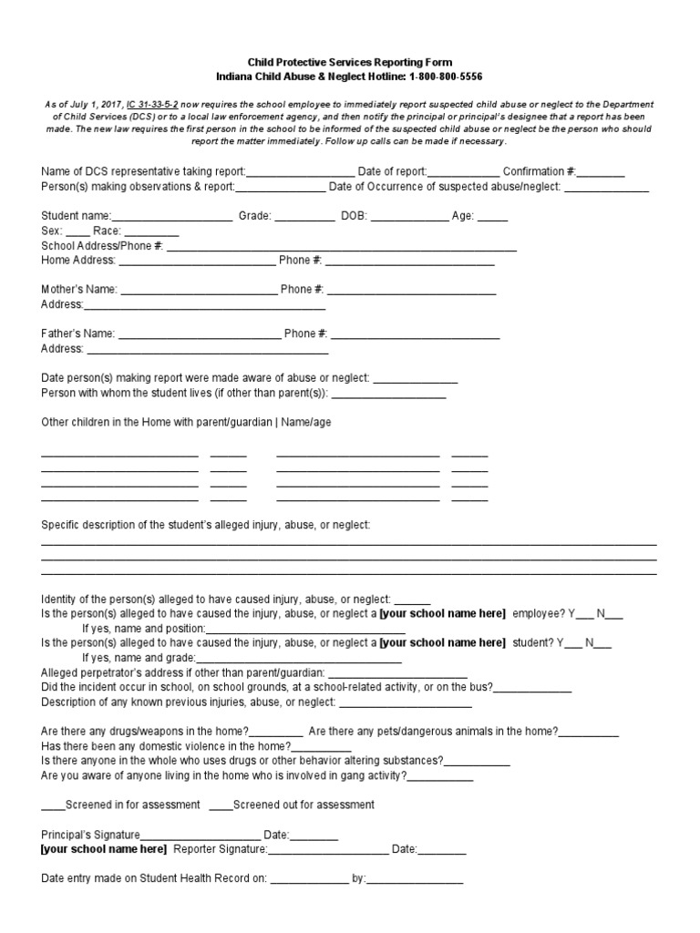 Child Protective Services Reporting Form Indiana Child Abuse & Neglect