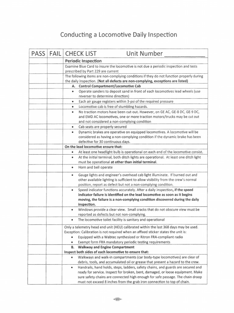 Daily Locomotive Inspection Checklist | PDF | Locomotives | Truck