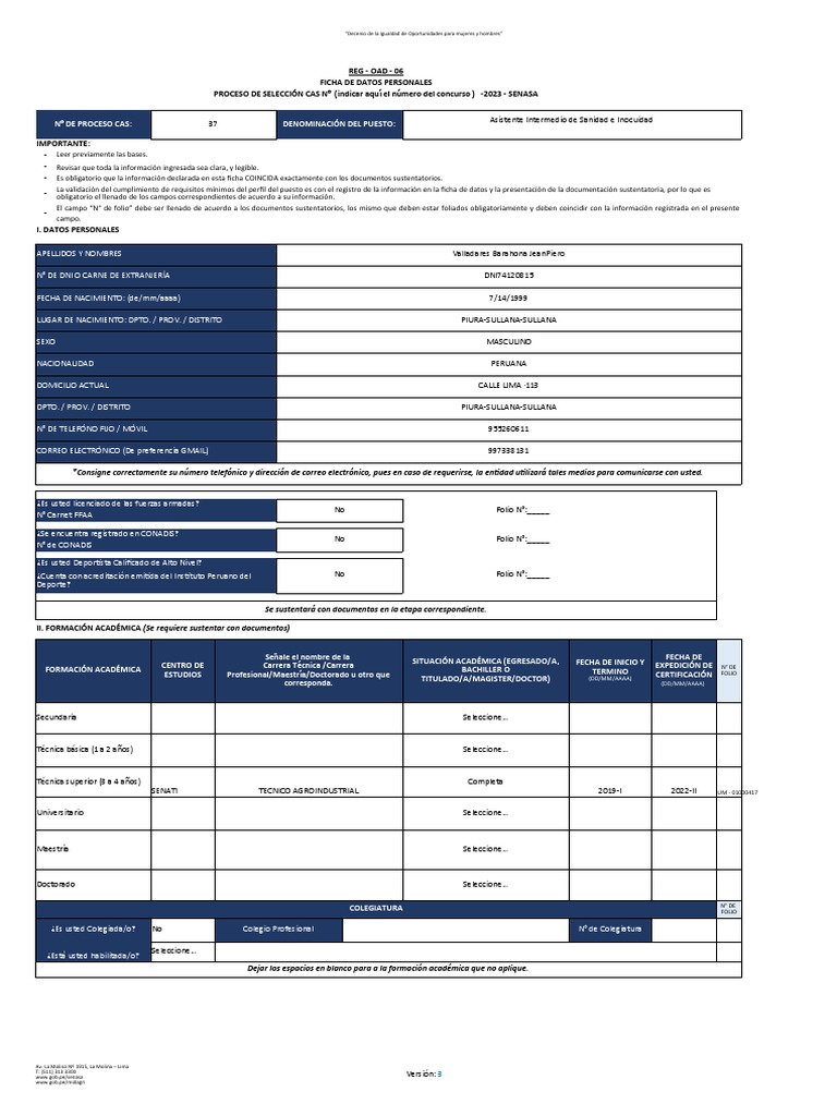 Ficha De Datos Personal Reg Oad 06 Portal 2023 Pdf