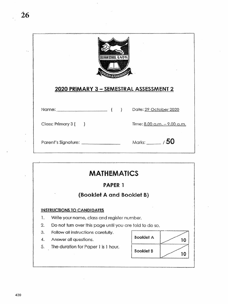 P3 Maths SA2 2020 Tao Nan Exam Papers PDF