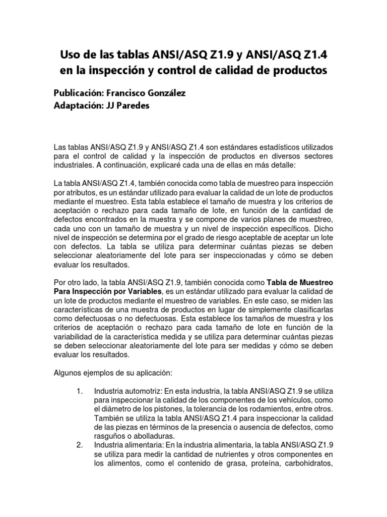 Uso de las tablas ansi asq z1 9 y ansi asq z1 4 en la inspecci n y