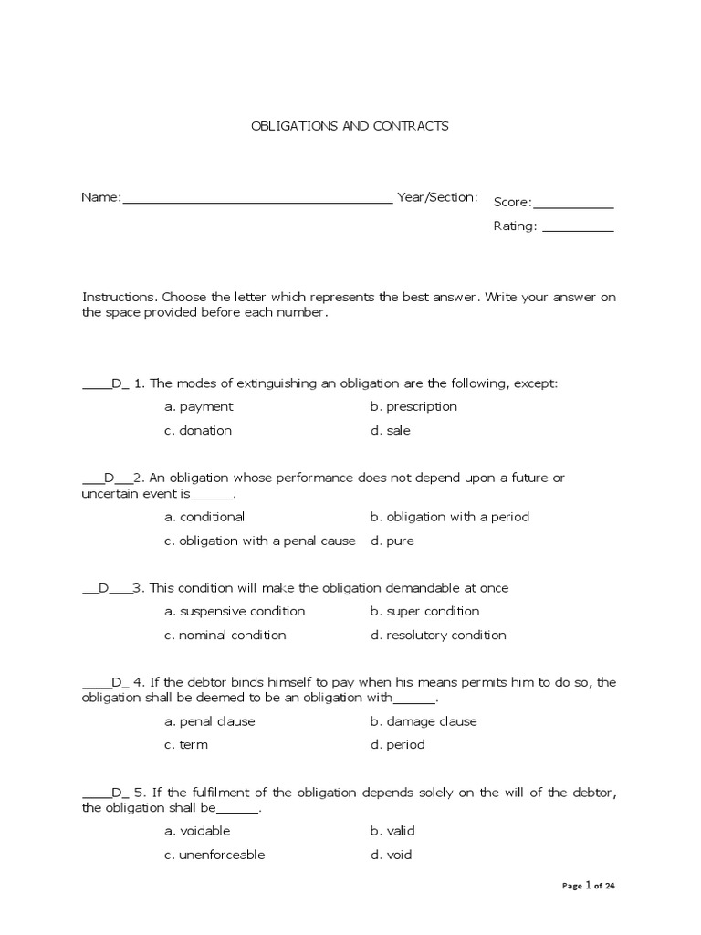 Obligations and Contracts Quiz Guide | PDF | Void (Law) | Debtor