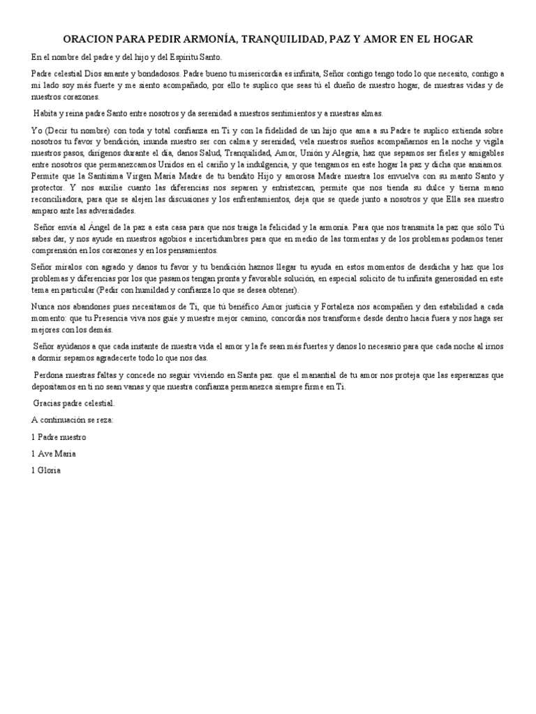 Oración por paz y amor en el hogar | PDF | Amor