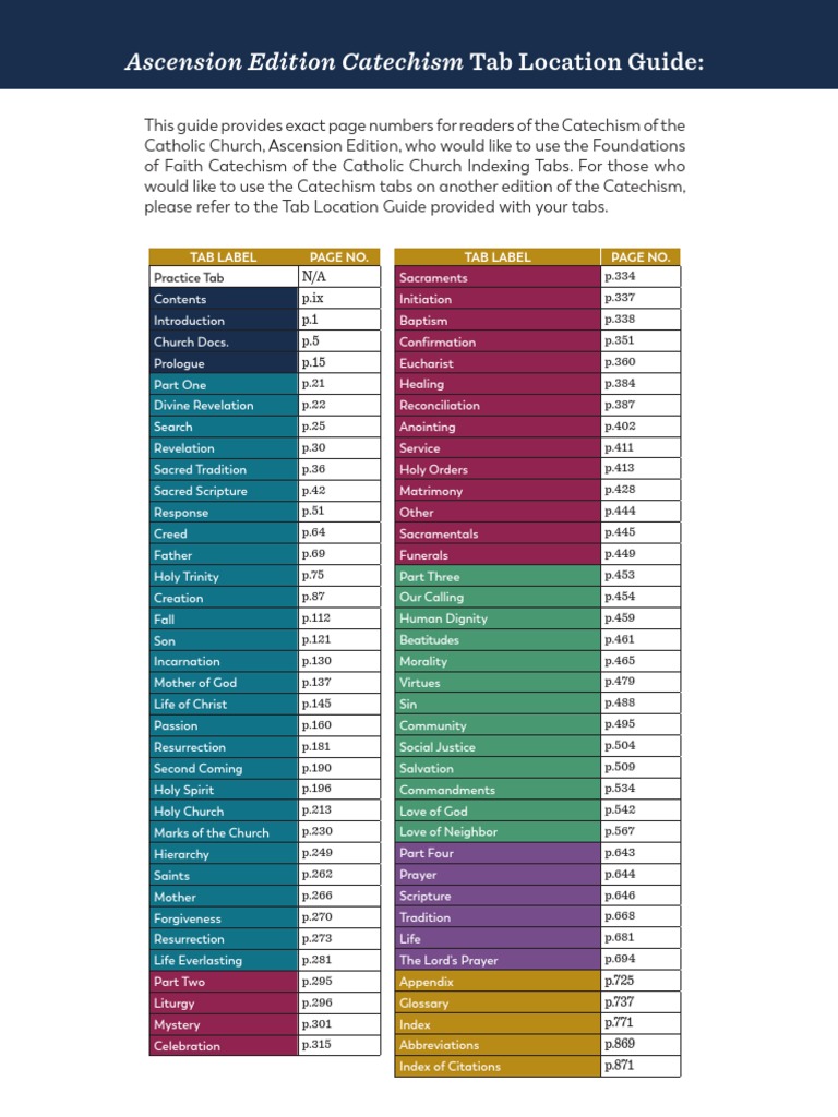 Catechism Tab Location Guide Ascension Edition PDF Catholic Church