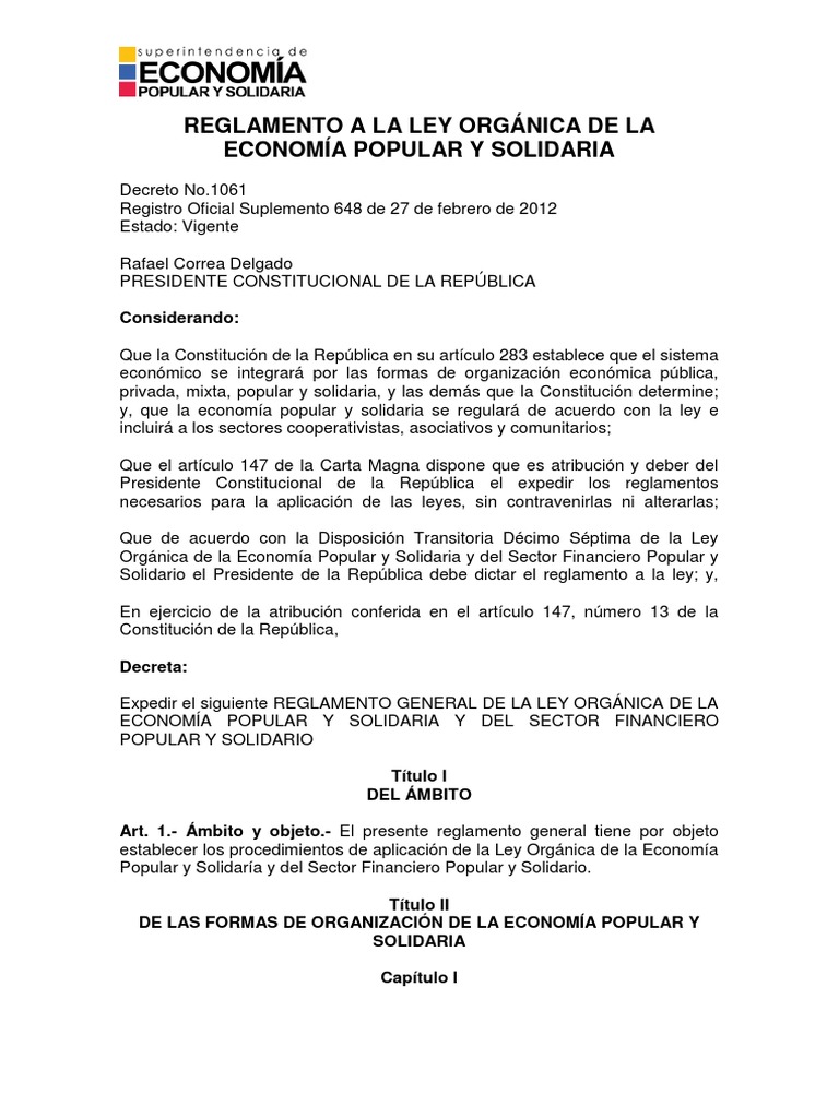 Reglamento A La Ley Orgánica de La Economía Popular Y Solidaria | PDF ...