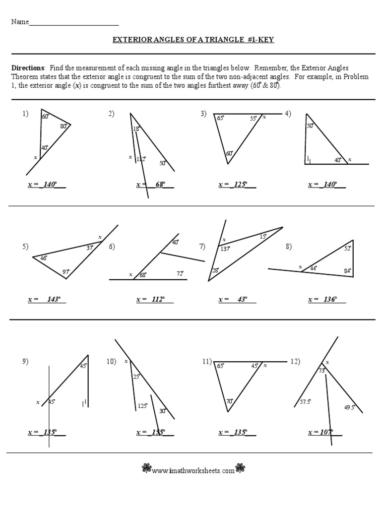 Solutions to Exterior Angle Problems Using the Exterior Angles Theorem ...