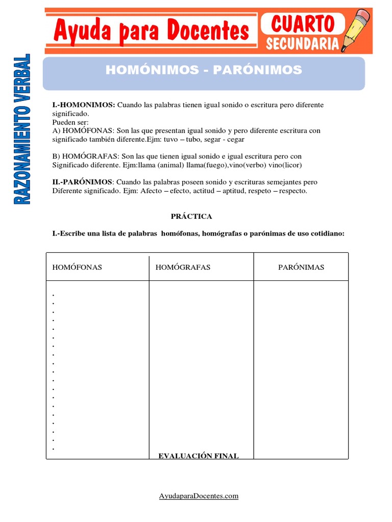 Homónimos y Parónimos: Ejemplos y Ejercicios | PDF | Comunicación ...