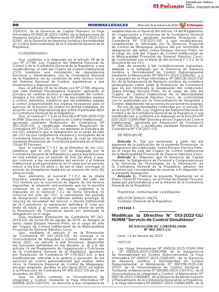 Modifican La Directiva N 013 2022 Cgnorm Servicio de Cont Resolucion N