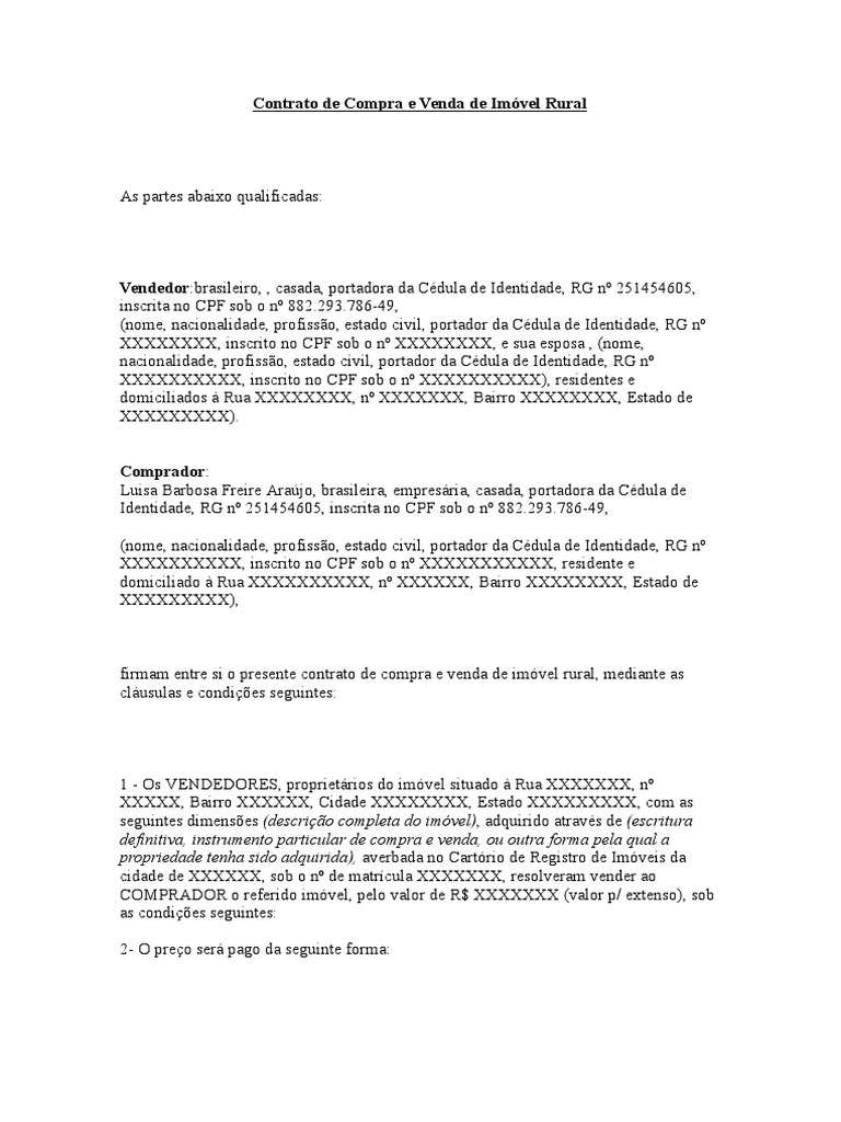 Contrato de Compra e Venda de Imóvel Rural | PDF | Impostos | Cheque ...