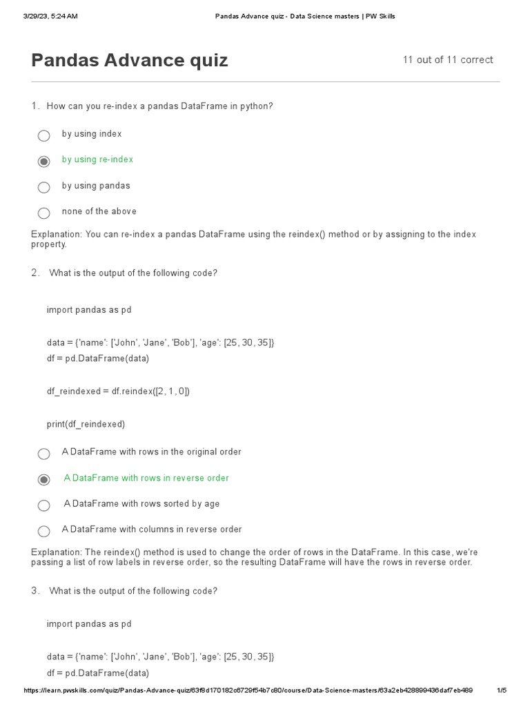 Pandas advance quiz data science masters pw skills pdf database