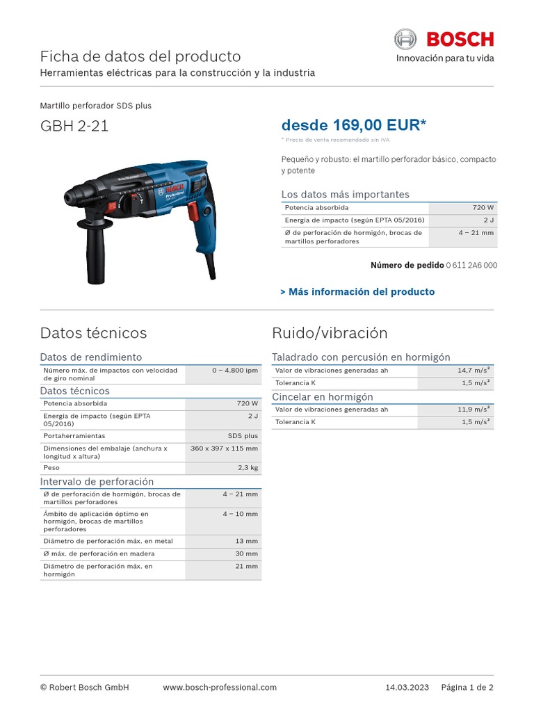 Ficha Tecnica Taladro Tachador Bosch 3611 PDF Perforación Bienes