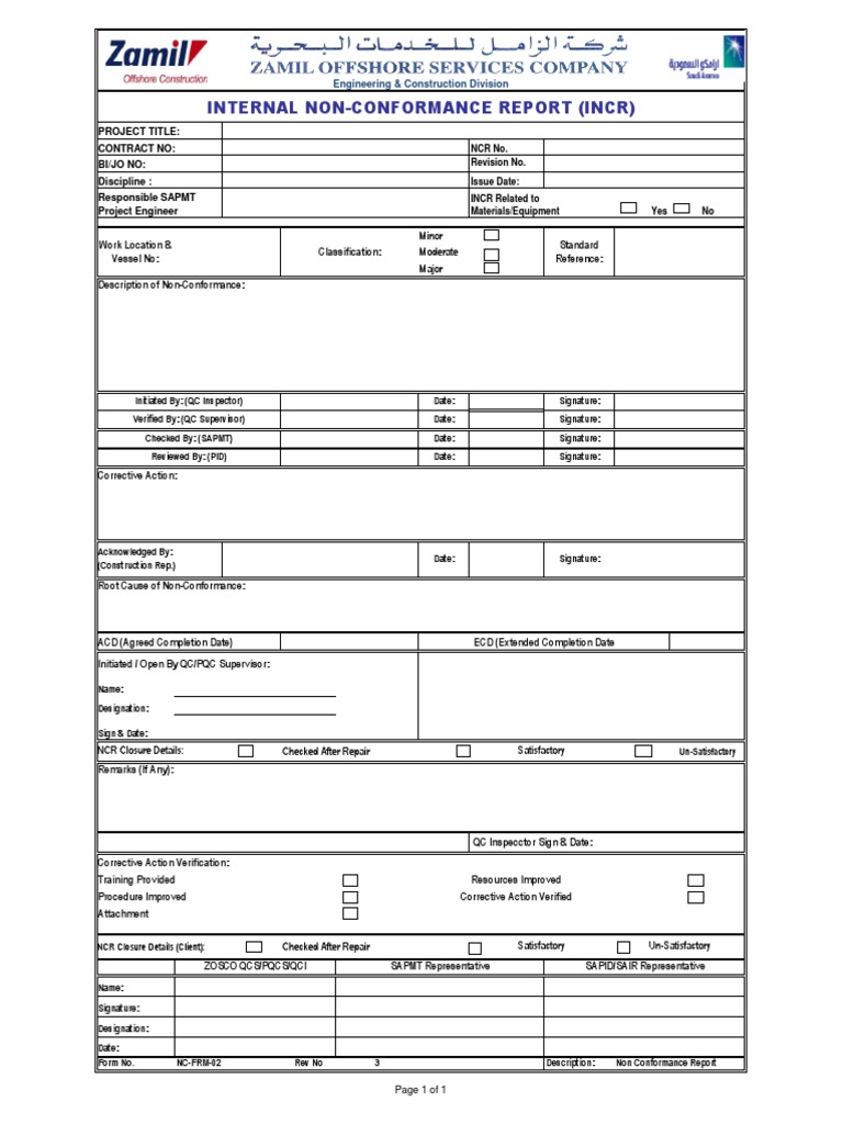 Internal Non-Conformance Report (INCR) | PDF | Technology & Engineering