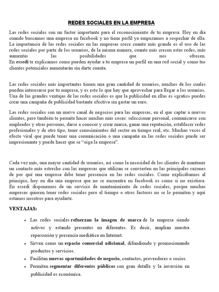 REDES SOCIALES EN LA EMPRESA WORD y FORMATO | PDF | Servicio de redes ...
