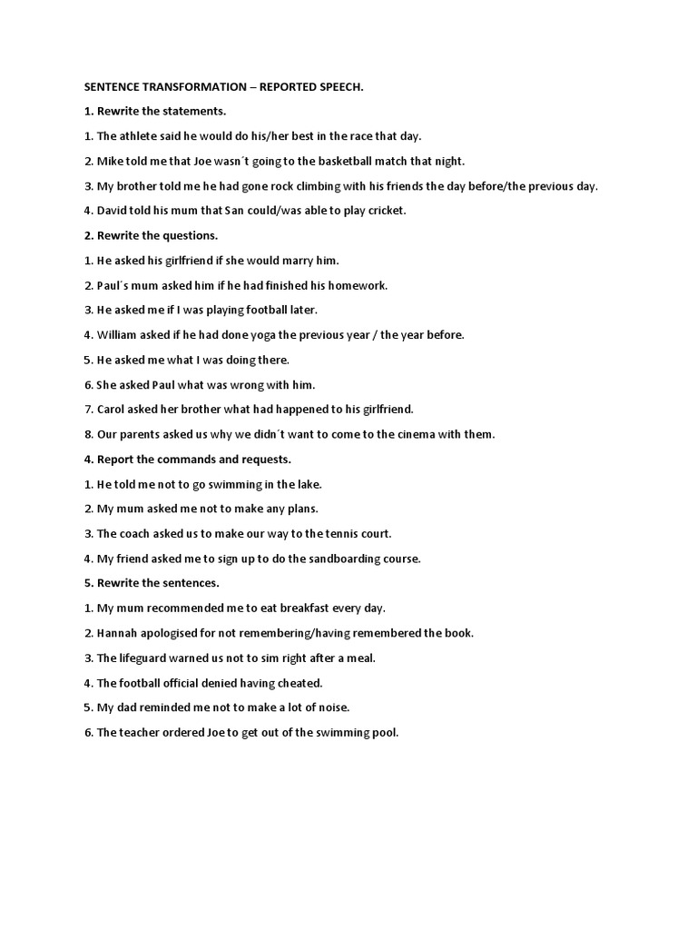 Sentence Transformation - Reported Speech. 1. Rewrite The Statements | PDF