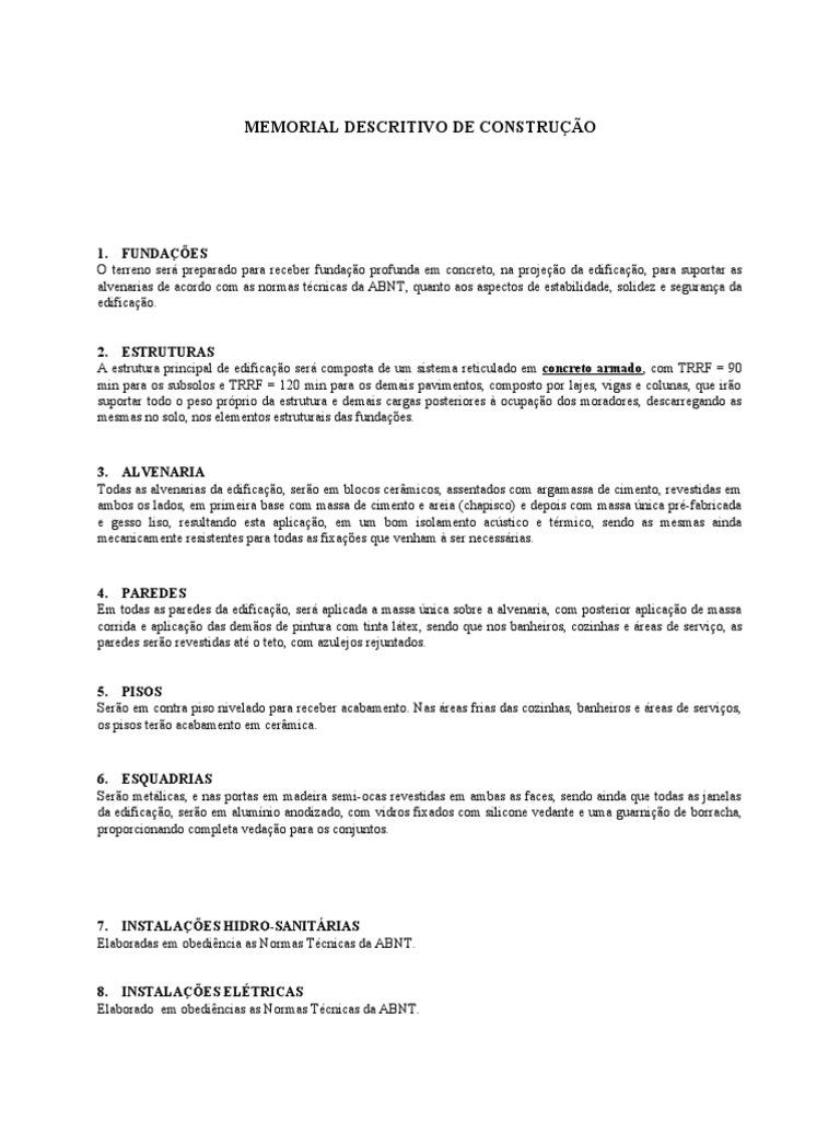 Memorial Descritivo de Construção - D1 | Download grátis PDF ...
