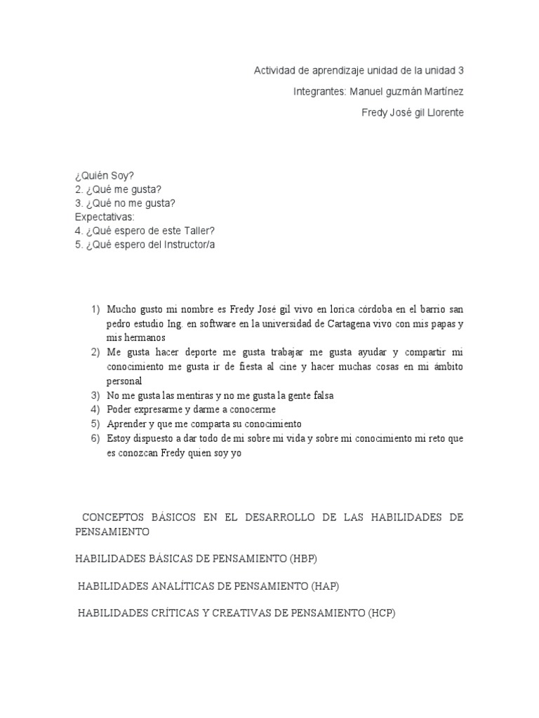 Actividad de Aprendizaje Unidad de La Unidad 3 | PDF | Pensamiento ...