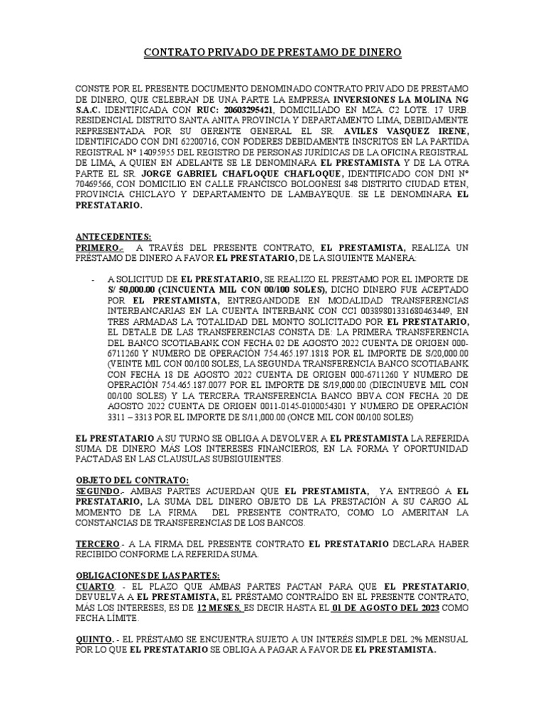 Contrato Privado de Prestamo de Dinero | PDF