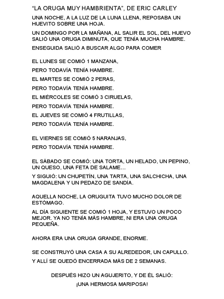 La Oruga Muy Hambrienta: Cuento Infantil | PDF